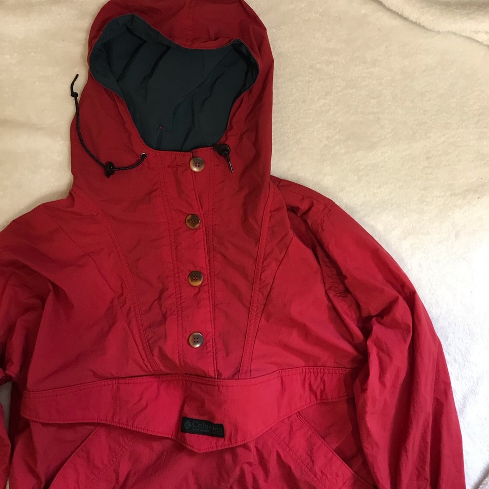 Red Columbia rain jacket